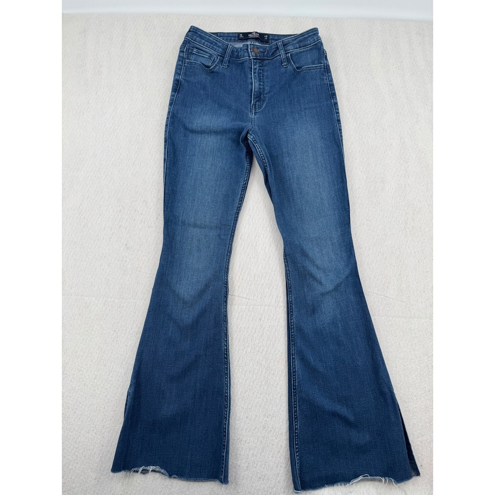 Y2K Hollister High Rise Flare Jeans Blue Raw Hem Side Slit Size 7R (28x30) Boho - Picture 2 of 12